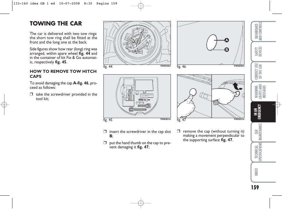 Towing the car | FIAT Idea User Manual | Page 160 / 210