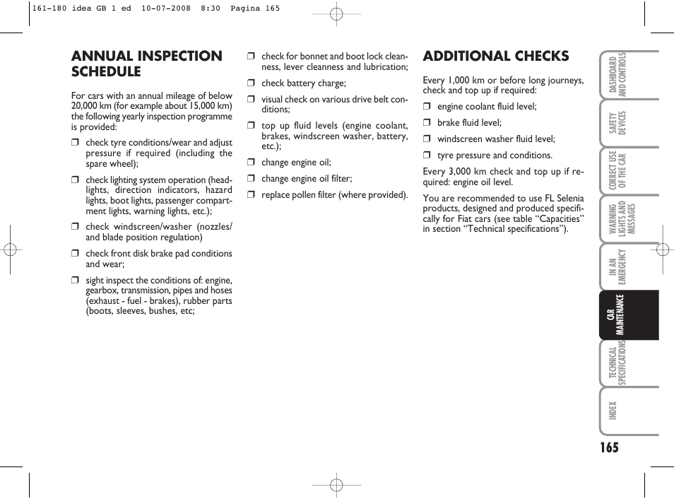 Annual inspection schedule, Additional checks | FIAT Idea User Manual | Page 166 / 210