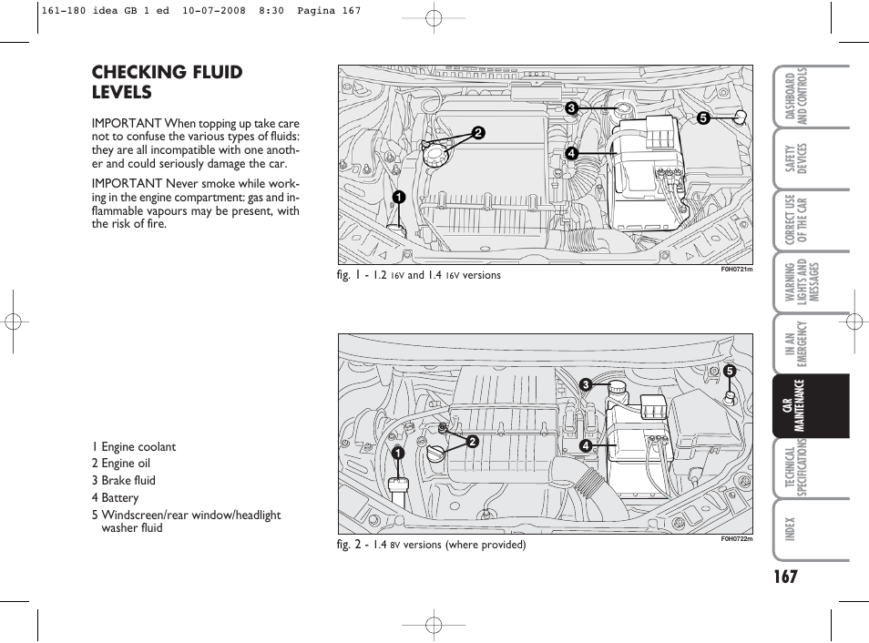 Checking fluid levels | FIAT Idea User Manual | Page 168 / 210