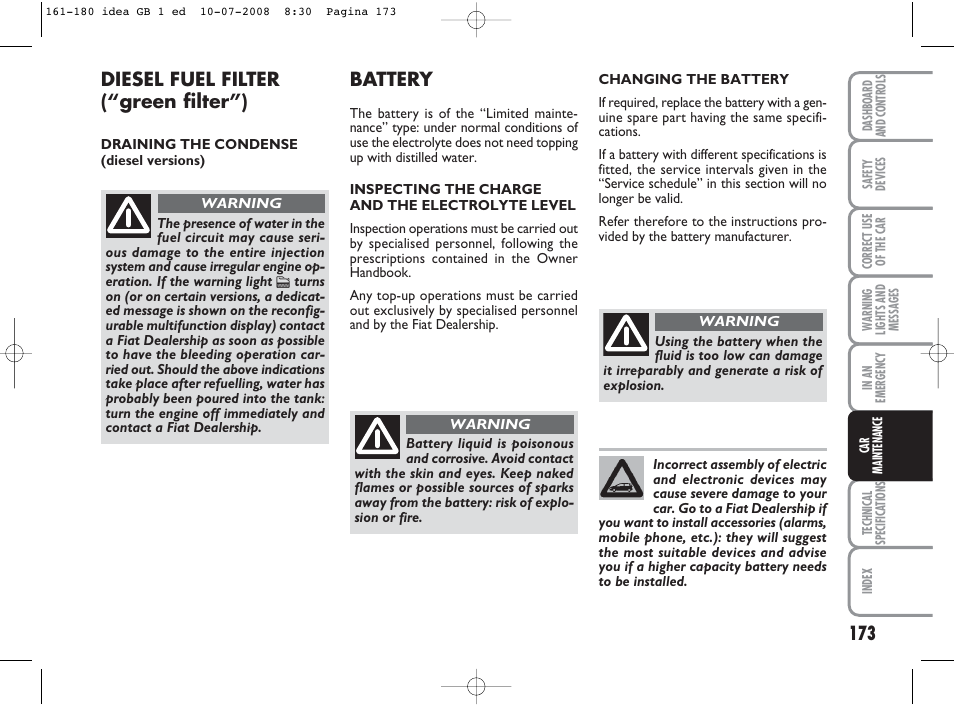 Diesel fuel filter (“green filter”), Battery | FIAT Idea User Manual | Page 174 / 210