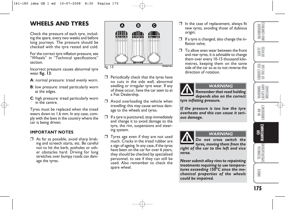 Wheels and tyres | FIAT Idea User Manual | Page 176 / 210