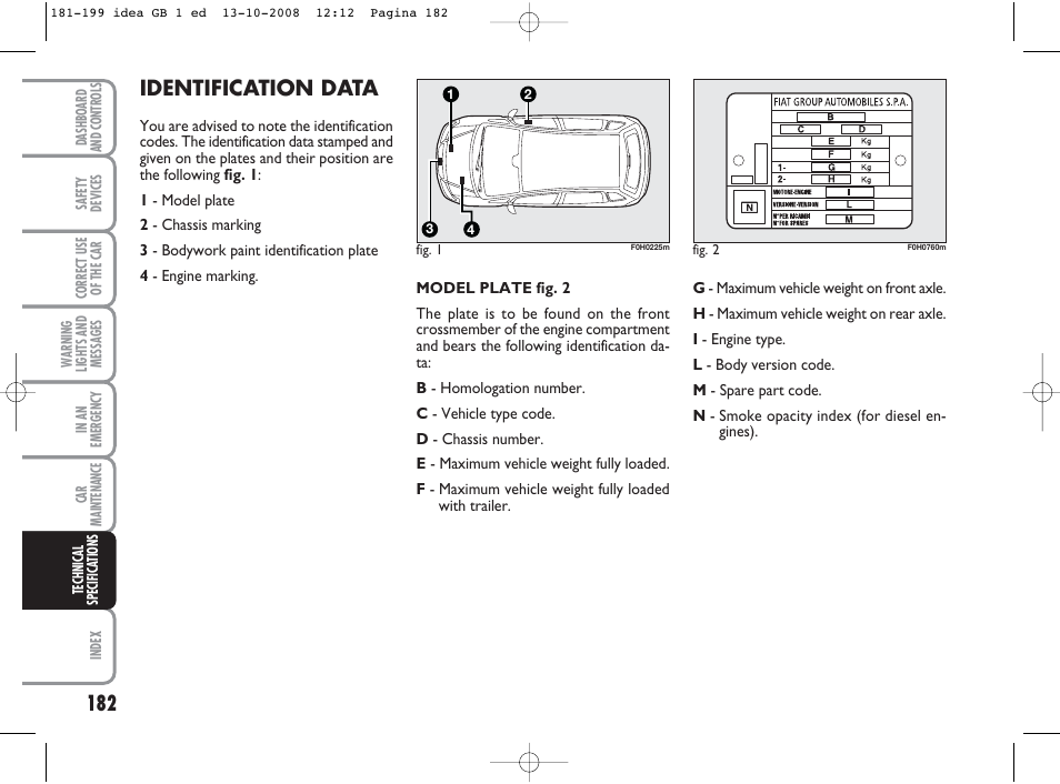 Identification data | FIAT Idea User Manual | Page 183 / 210