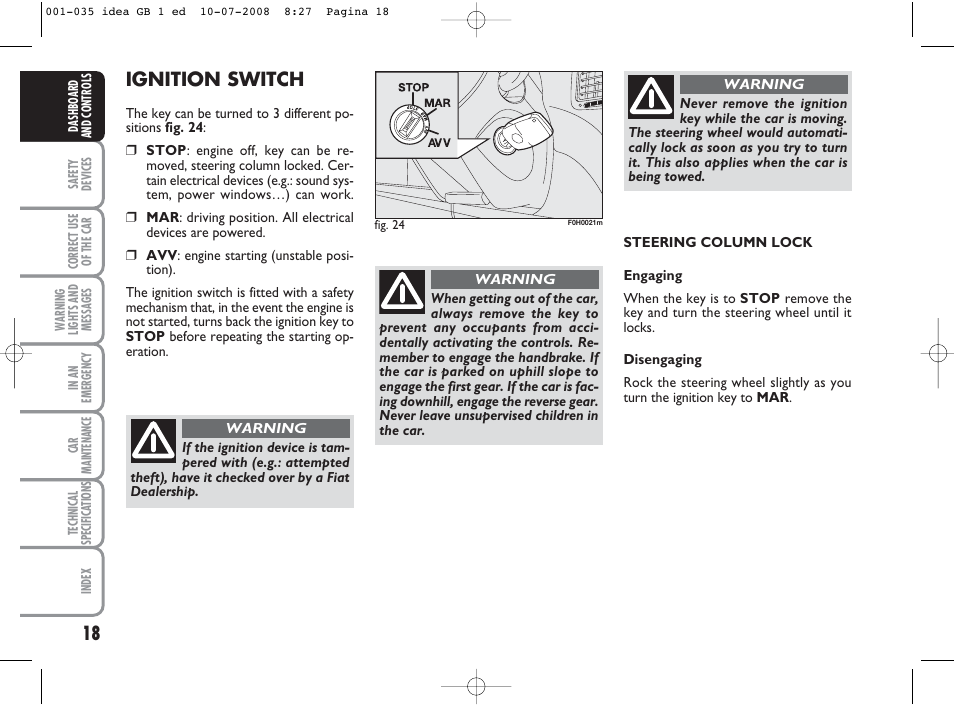 Ignition switch | FIAT Idea User Manual | Page 19 / 210