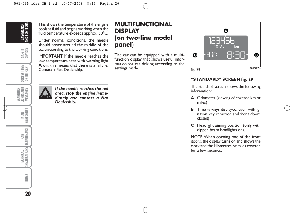 Multifunctional display (on two-line modal panel) | FIAT Idea User Manual | Page 21 / 210