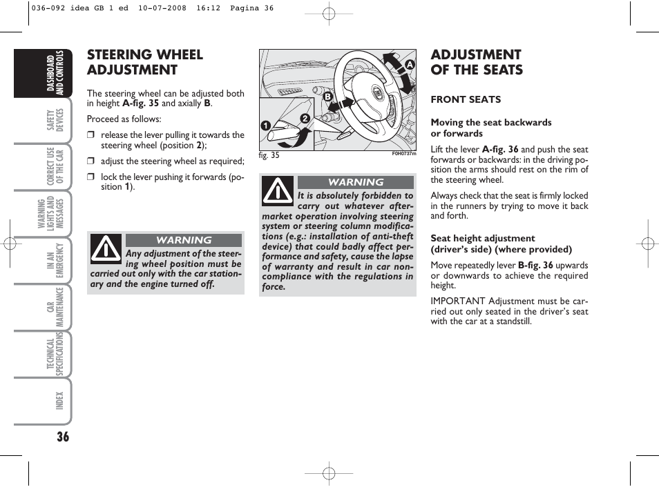 Steering wheel adjustment, Adjustment of the seats | FIAT Idea User Manual | Page 37 / 210