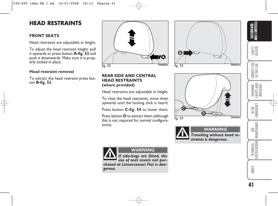 Head restraints | FIAT Idea User Manual | Page 42 / 210