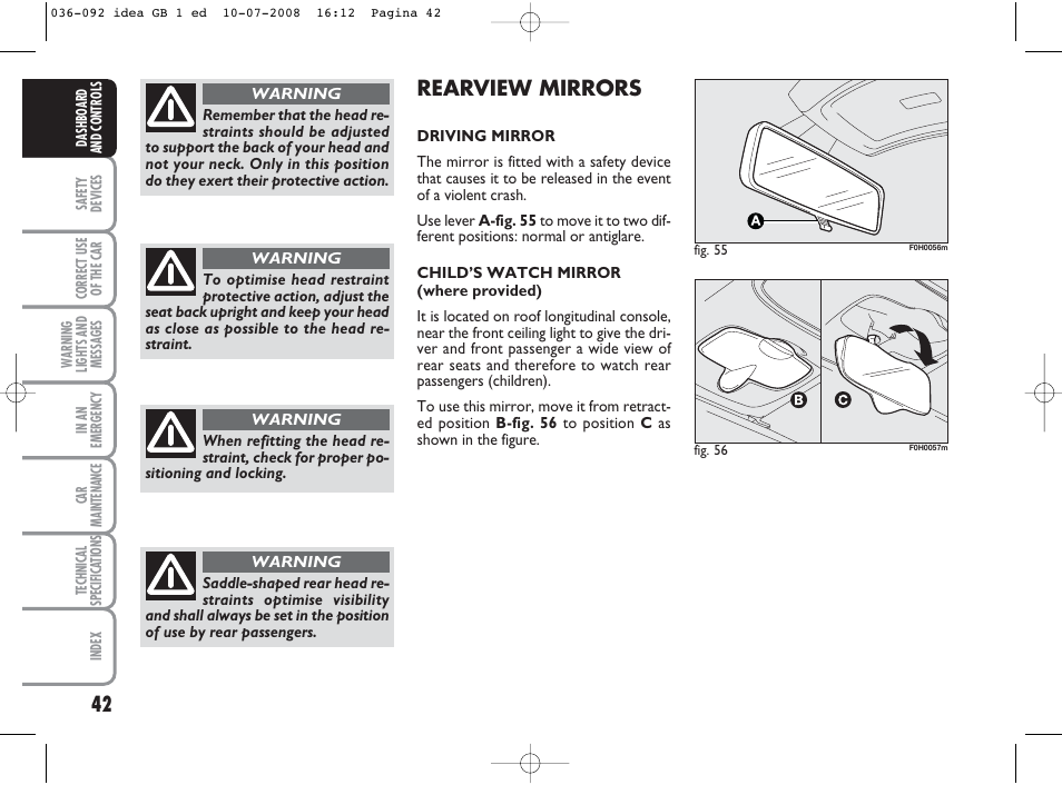 Rearview mirrors | FIAT Idea User Manual | Page 43 / 210