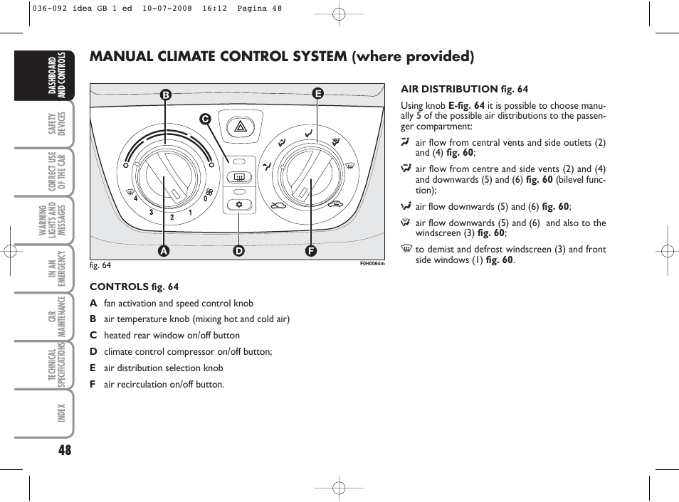 Manual climate control system (where provided) | FIAT Idea User Manual | Page 49 / 210