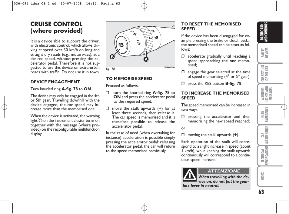 Cruise control (where provided) | FIAT Idea User Manual | Page 64 / 210