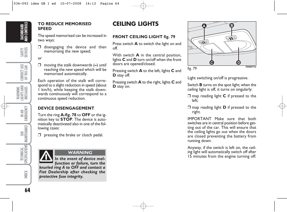 Ceiling lights | FIAT Idea User Manual | Page 65 / 210