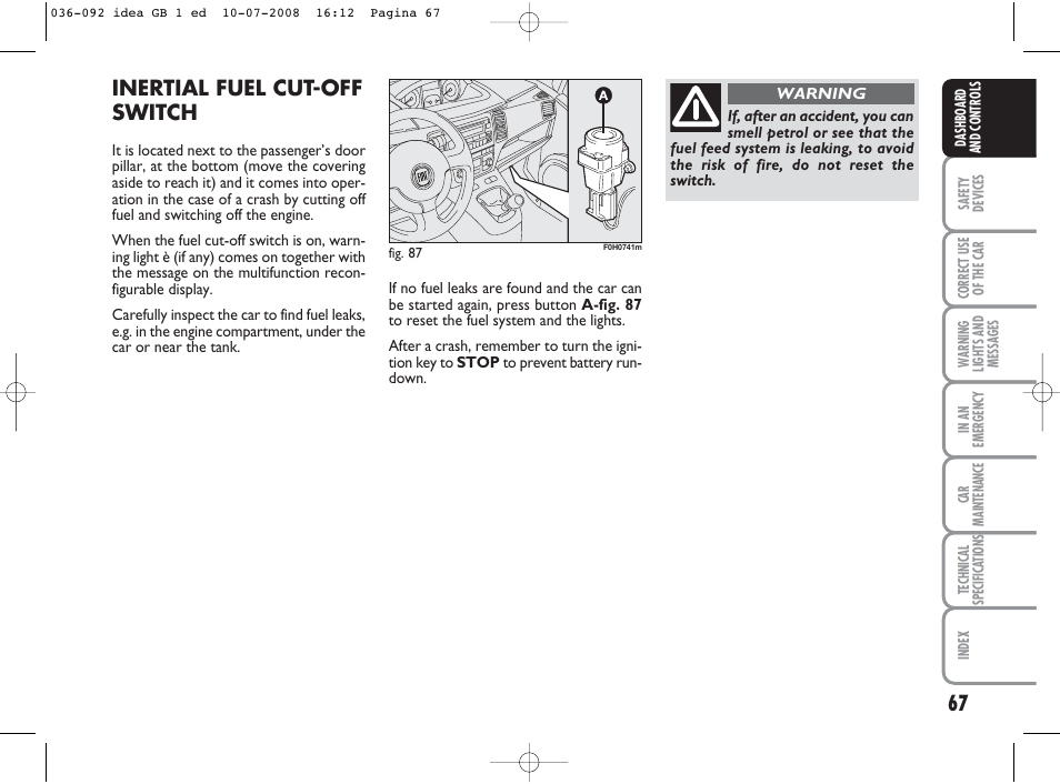 Inertial fuel cut-off switch | FIAT Idea User Manual | Page 68 / 210