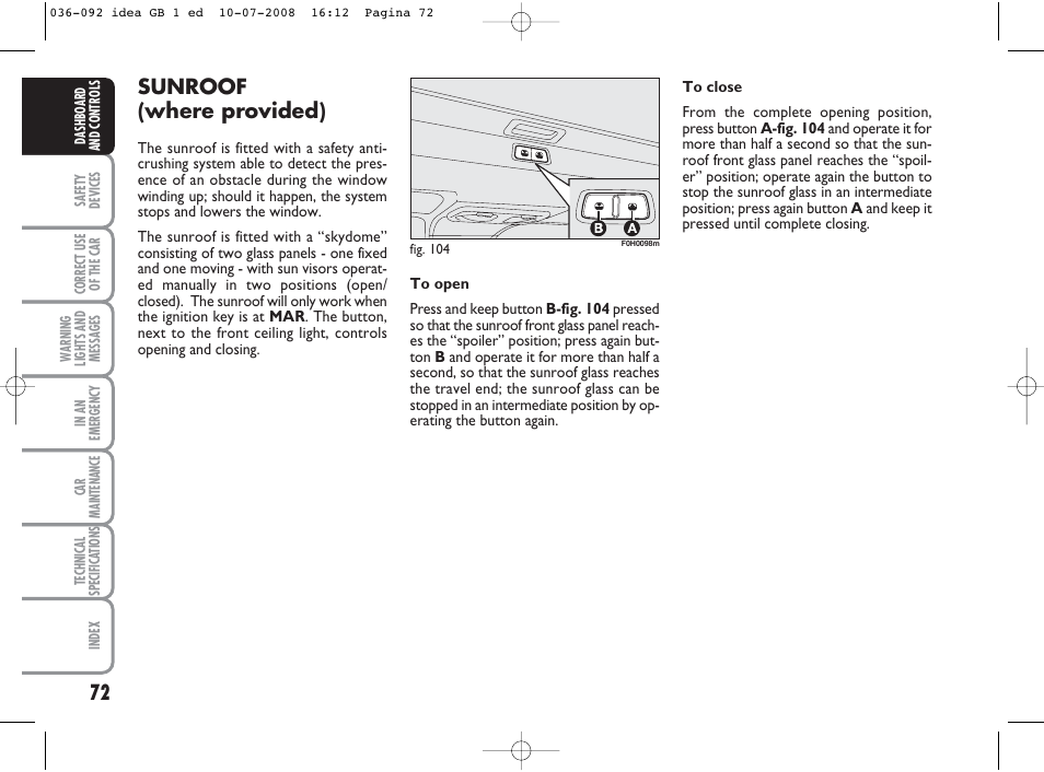 Sunroof (where provided) | FIAT Idea User Manual | Page 73 / 210