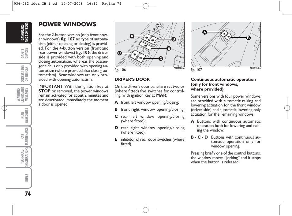 Power windows | FIAT Idea User Manual | Page 75 / 210