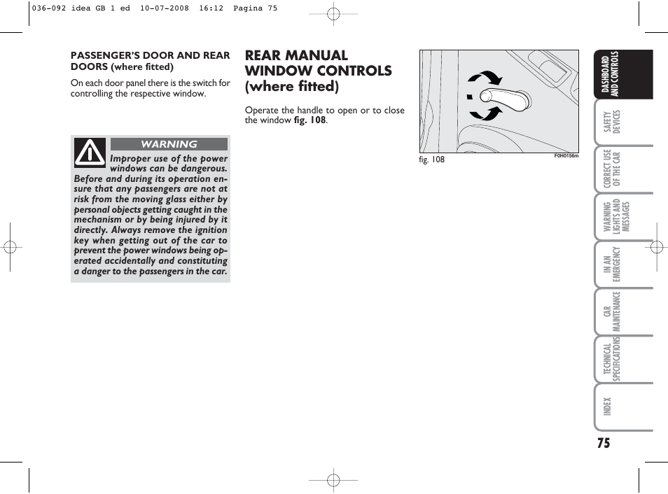 Rear manual window controls (where fitted) | FIAT Idea User Manual | Page 76 / 210