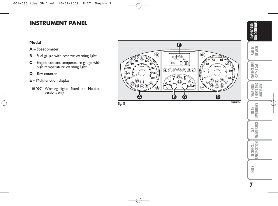 Instrument panel | FIAT Idea User Manual | Page 8 / 210