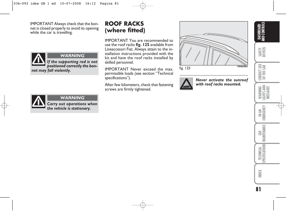 Roof racks (where fitted) | FIAT Idea User Manual | Page 82 / 210