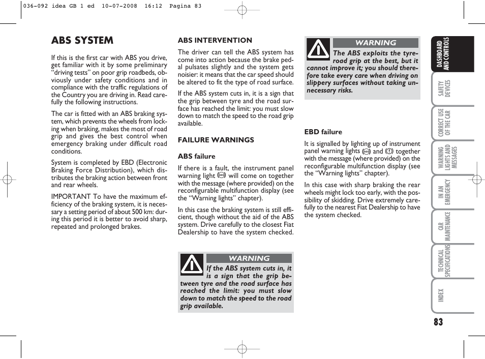 Abs system | FIAT Idea User Manual | Page 84 / 210