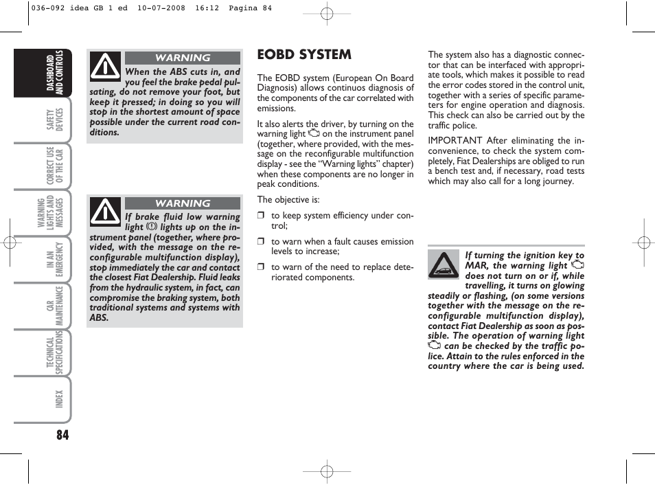 Eobd system | FIAT Idea User Manual | Page 85 / 210