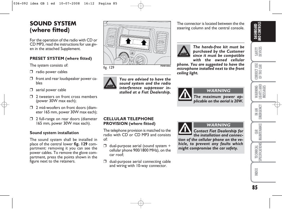 Sound system (where fitted) | FIAT Idea User Manual | Page 86 / 210