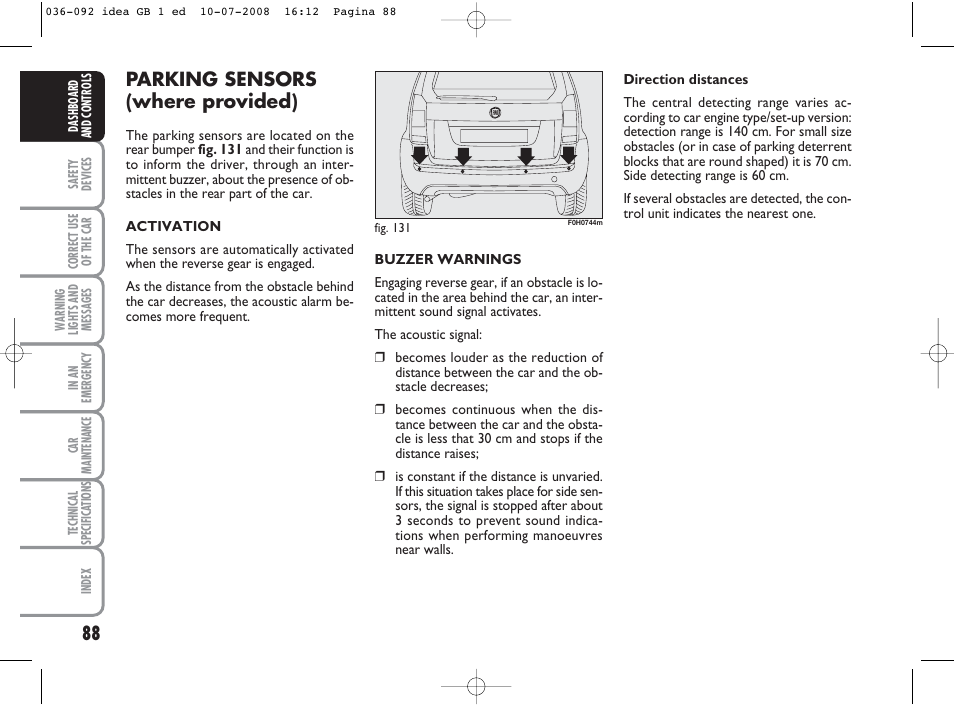 Parking sensors (where provided) | FIAT Idea User Manual | Page 89 / 210