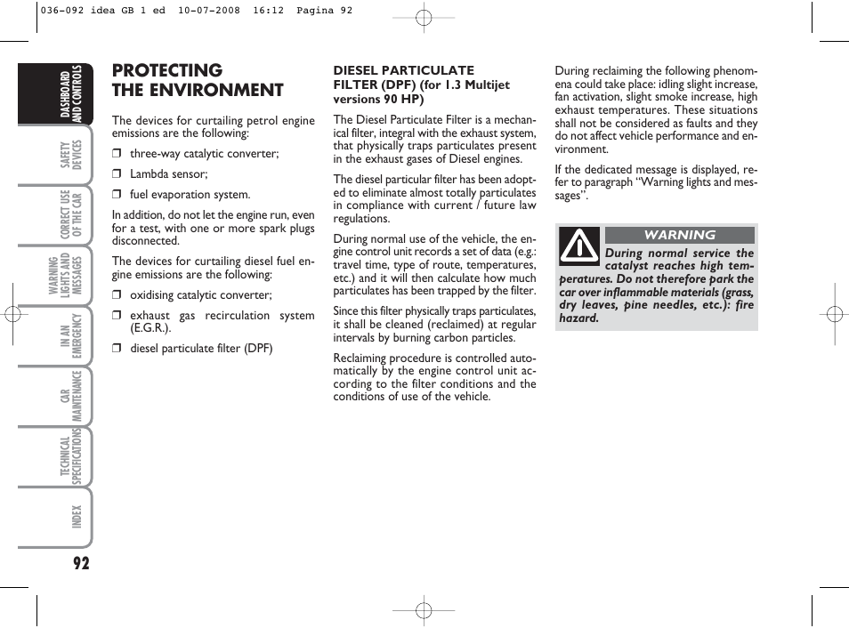 Protecting the environment | FIAT Idea User Manual | Page 93 / 210