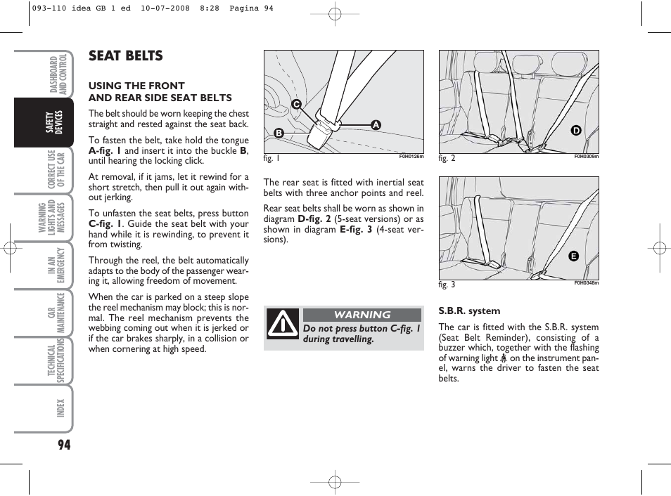 Seat belts | FIAT Idea User Manual | Page 95 / 210