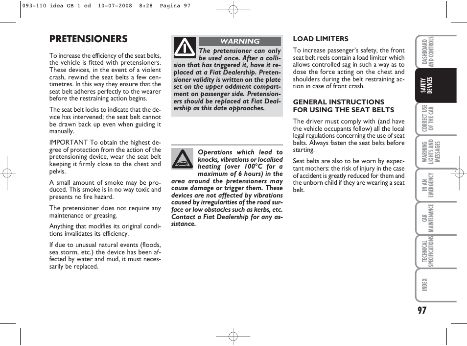 Pretensioners | FIAT Idea User Manual | Page 98 / 210