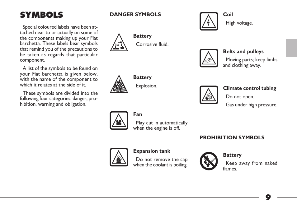 Symbols | FIAT Barchetta User Manual | Page 10 / 170