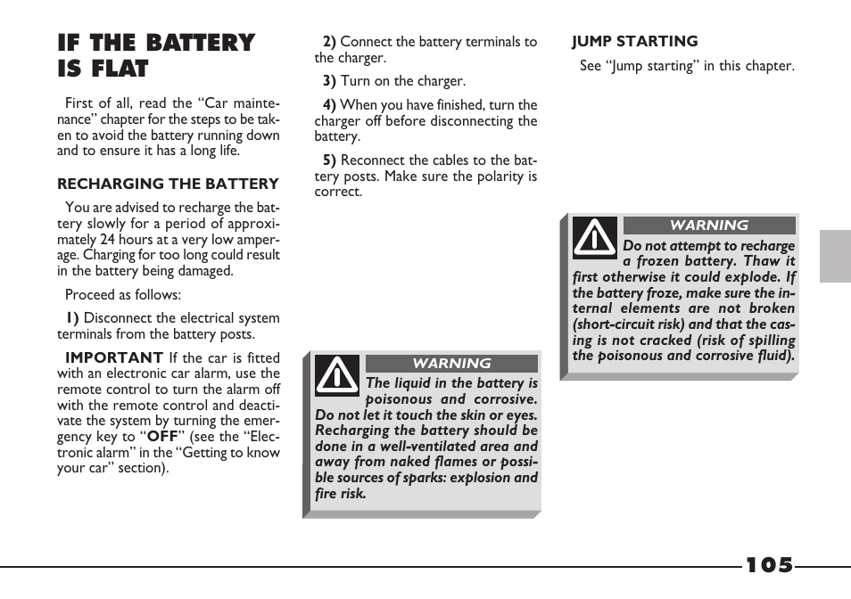 If the battery is flat | FIAT Barchetta User Manual | Page 106 / 170