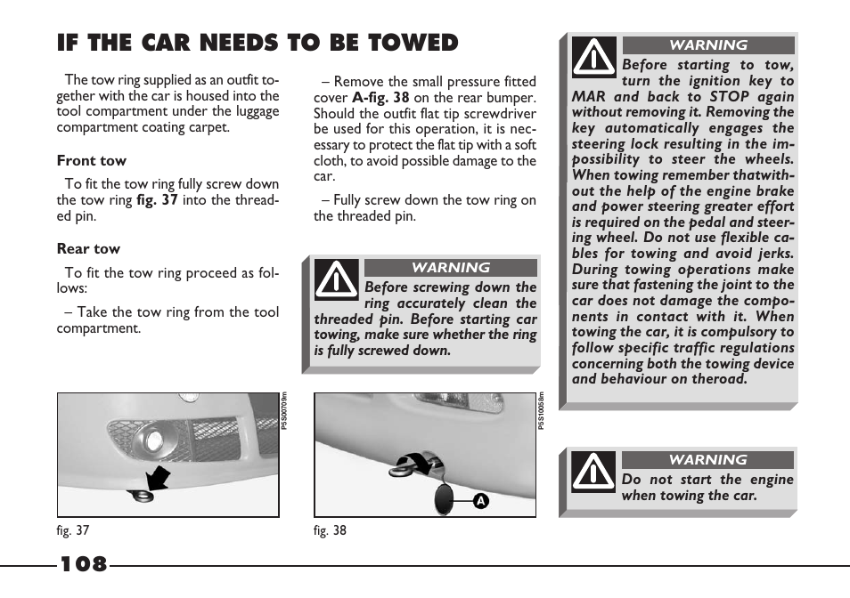 If the car needs to be towed | FIAT Barchetta User Manual | Page 109 / 170