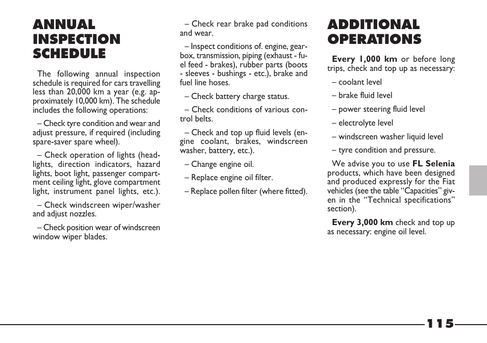 Annual inspection schedule, Additional operations | FIAT Barchetta User Manual | Page 116 / 170