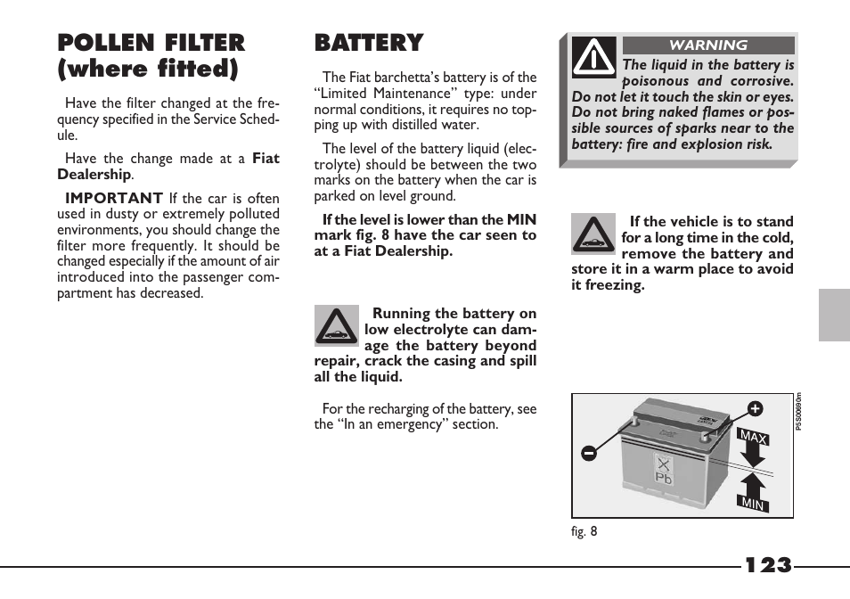 Battery, Pollen filter (where fitted) | FIAT Barchetta User Manual | Page 124 / 170