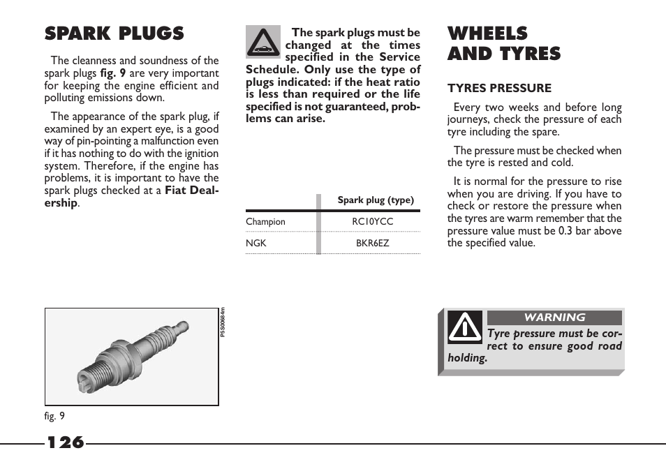 Wheels and tyres, Spark plugs | FIAT Barchetta User Manual | Page 127 / 170