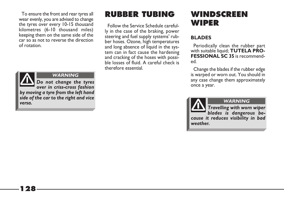 Rubber tubing, Windscreen wiper | FIAT Barchetta User Manual | Page 129 / 170