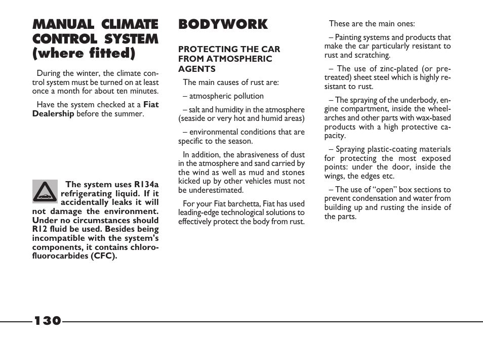 Bodywork, Manual climate control system (where fitted) | FIAT Barchetta User Manual | Page 131 / 170