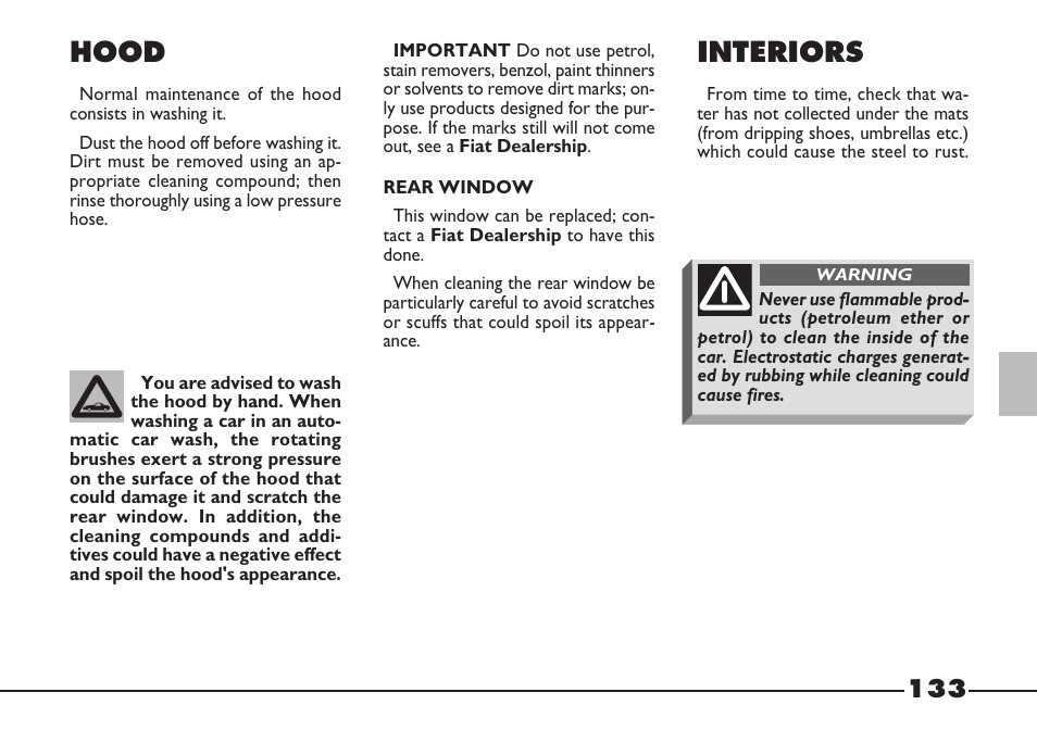 Hood, Interiors | FIAT Barchetta User Manual | Page 134 / 170