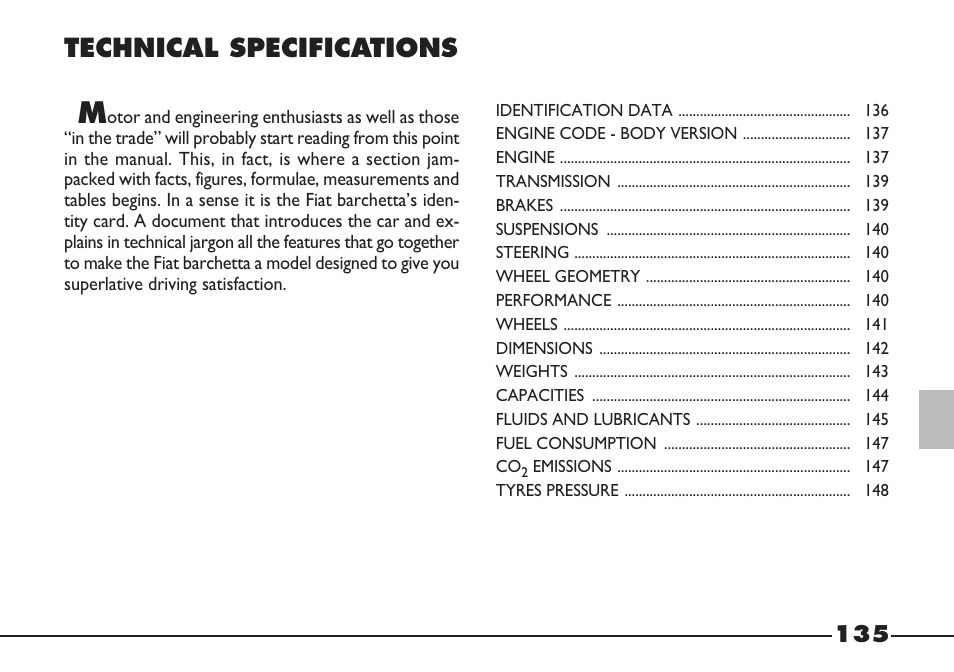 148 gb.pdf, Technical specifications | FIAT Barchetta User Manual | Page 136 / 170