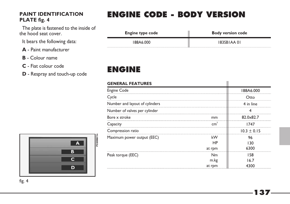 Engine code - body version, Engine | FIAT Barchetta User Manual | Page 138 / 170