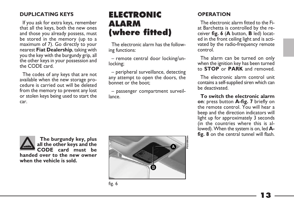 Electronic alarm (where fitted) | FIAT Barchetta User Manual | Page 14 / 170