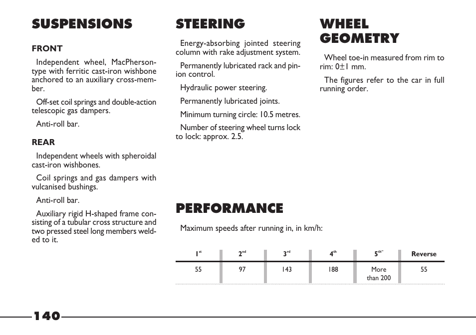 Suspensions, Steering, Wheel geometry | Performance | FIAT Barchetta User Manual | Page 141 / 170