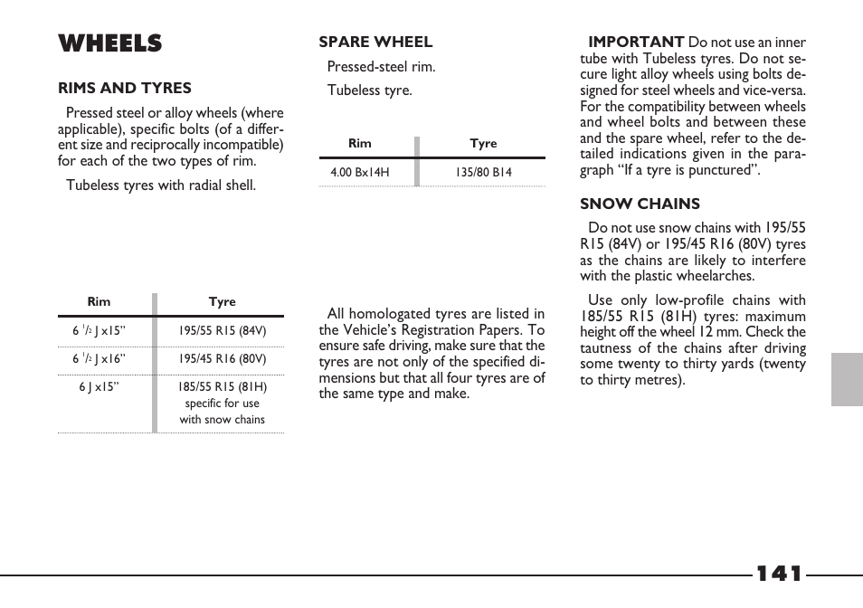 Wheels | FIAT Barchetta User Manual | Page 142 / 170