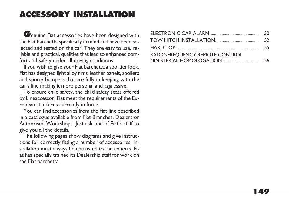 158 gb.pdf, Accessory installation | FIAT Barchetta User Manual | Page 150 / 170