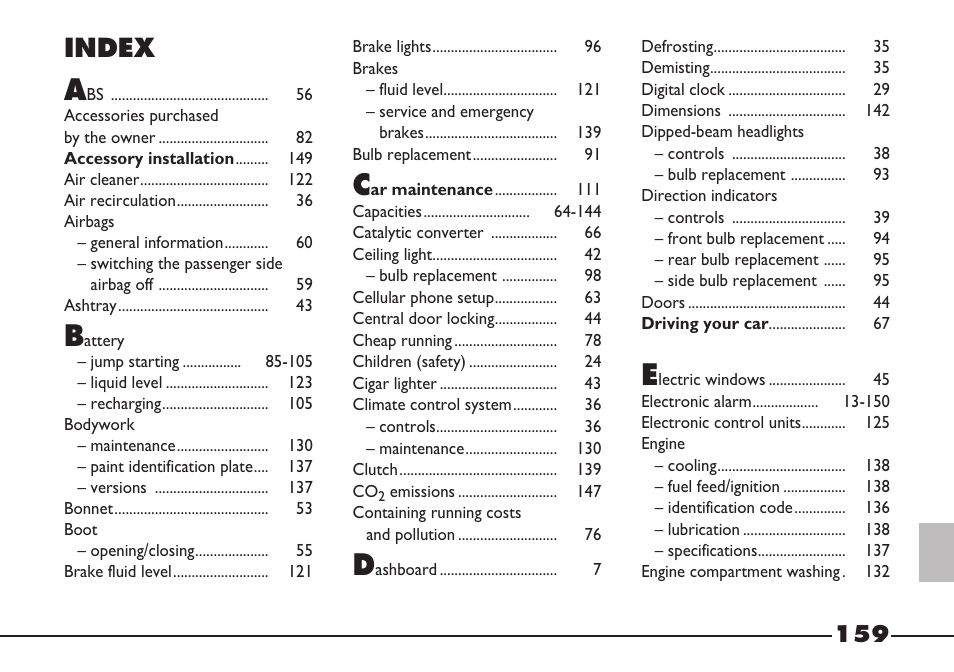 159 -168 gb.pdf, Index | FIAT Barchetta User Manual | Page 160 / 170