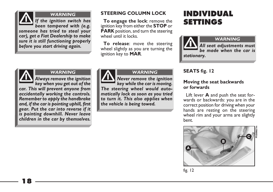 Individual settings | FIAT Barchetta User Manual | Page 19 / 170