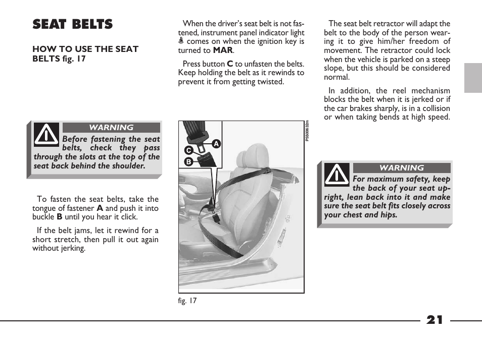 Seat belts | FIAT Barchetta User Manual | Page 22 / 170