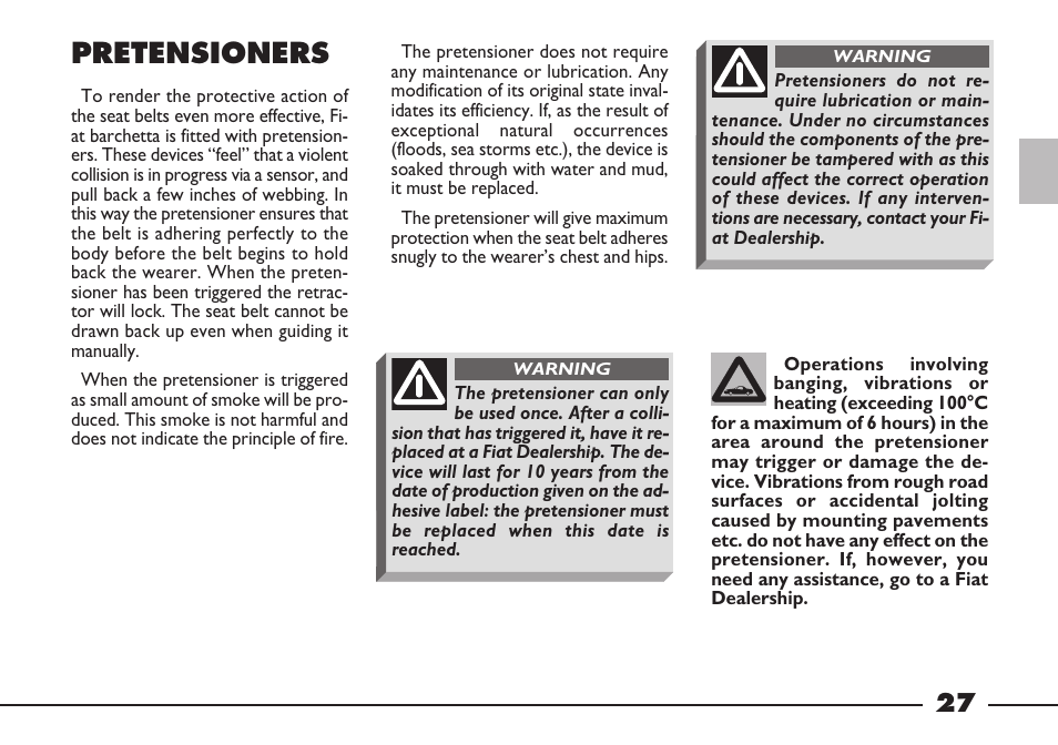 Pretensioners | FIAT Barchetta User Manual | Page 28 / 170