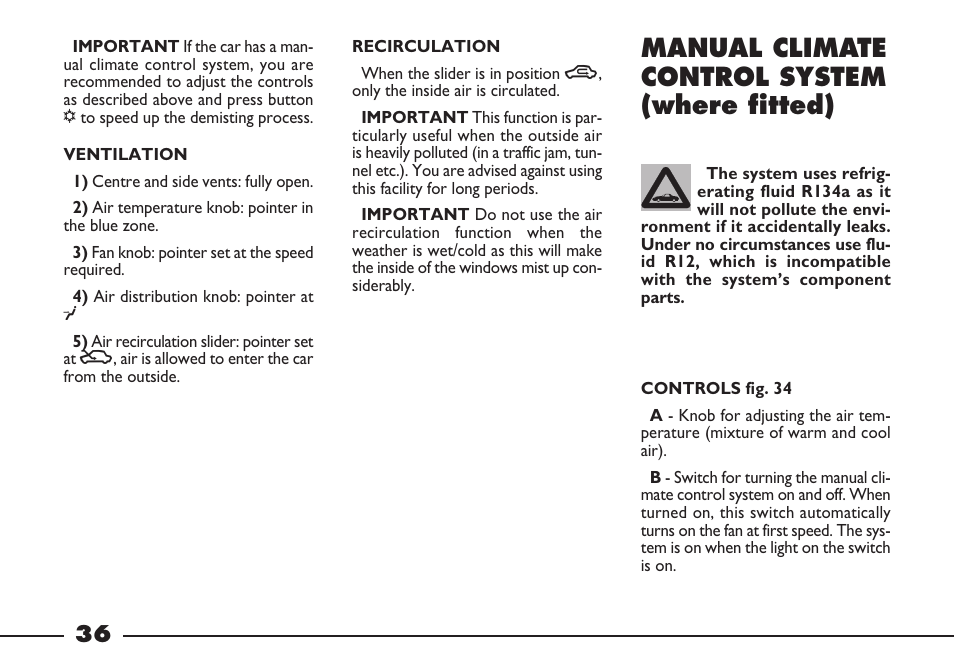 Manual climate control system (where fitted) | FIAT Barchetta User Manual | Page 37 / 170