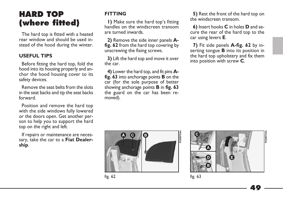 Hard top (where fitted) | FIAT Barchetta User Manual | Page 50 / 170