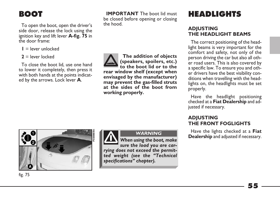 Boot, Headlights | FIAT Barchetta User Manual | Page 56 / 170