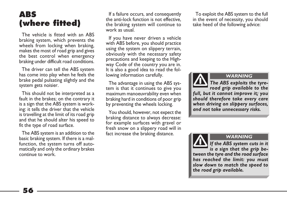 Abs (where fitted) | FIAT Barchetta User Manual | Page 57 / 170